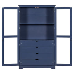 Kitchen Pantry, Freestanding Kitchen Storage Cabinet Display Cabinet With Glass Doors And 4 Built In Drawers For Living Room, Home Office - Blue