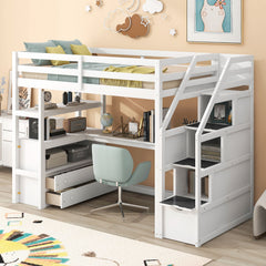 Loft Bed With Desk, Shelves, 2 Drawers, Storage Staircase