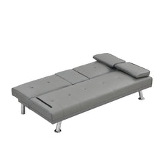 Sofa Bed With Armrest Two Holders Wood Frame, Stainless Leg Futon - Gray