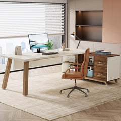 L-Shaped Executive Desk With File Cabinet, Computer Workstation With Drawers And Shelves For Home Office - White / Walnut