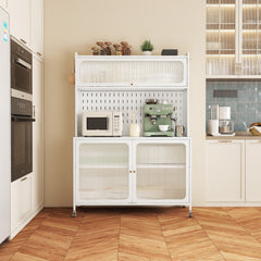 Contemporary Kitchen Pantry Cabinet With Glass Doors, Adjustable Shelves, Steel - Brushed Nickel