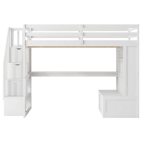 Full Size Loft Bed With Desk And Shelves, 2 Built In Drawers, Storage Staircase - White