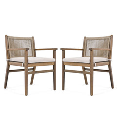 Outdoor Dining Chairs, Patio Armchair With Rope Design Back (Set of 2) - Light Brown