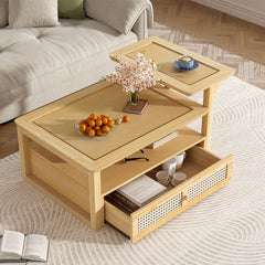 Coffee Table With 1 Storage Shelf, 2 Tabletops And 1 Rattan Drawer