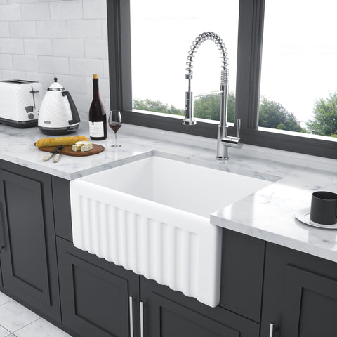 Elegant Farmhouse Style Small Apron Front Ceramic Kitchen Sink 24" Single Bowl Reversible Design - White