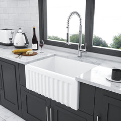 Elegant Farmhouse Style Small Apron Front Ceramic Kitchen Sink 24" Single Bowl Reversible Design - White