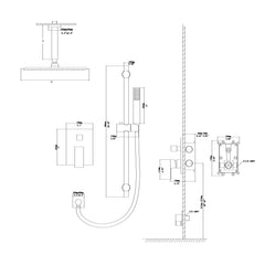 Ceiling Mounted Square Shower System With Adjustable Slide Bar, 16" Rainfall Shower With Handheld - Brushed Nickel