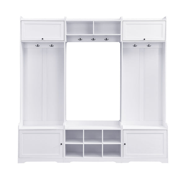 Wide Hall Tree With Shoe Storage, 4 In 1 Entryway Bench With 8 Cubbies, 7 Coat Hooks & Adjustable Shelf For Hallway - White