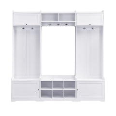 Wide Hall Tree With Shoe Storage, 4 In 1 Entryway Bench With 8 Cubbies, 7 Coat Hooks & Adjustable Shelf For Hallway - White