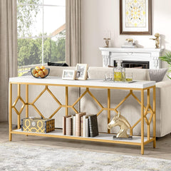 Extra Long Sofa Table With Diamond Pattern Frame, 2 Tier Open Storage For Living Room - White / Gold