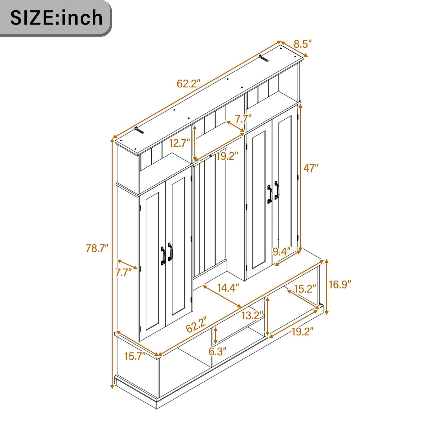Entryway Hall Tree With Bench, 3 Top Cubbies & Bottom Storage Space