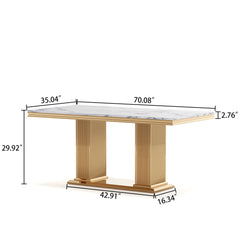 Marble Printed Top Rectangular Dining Table, Stainless Steel Base With Mirrored Finish