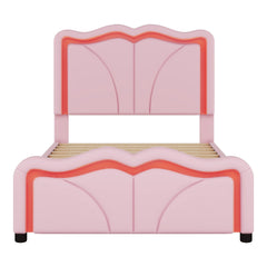 Upholstered Platform Bed & Curve Shaped And Height Adjustable Headboard, LED Light Strips