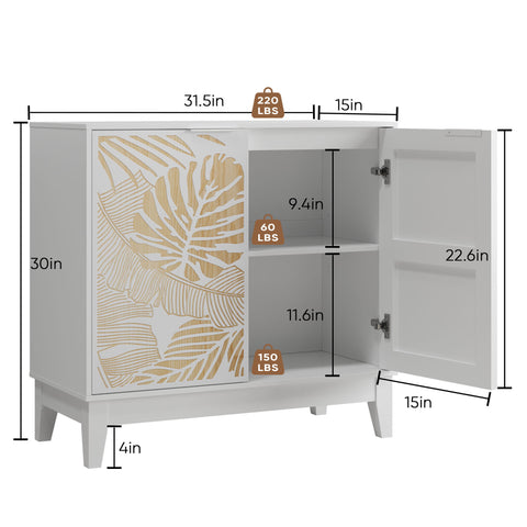 Vintage Carved Buffet Cabinet With Adjustable Shelves, Wooden Decorative Sideboard - White