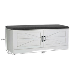 2 Tier Shoe Bench With Padded Seat, 2 Barn Doors And Adjustable Shelves, For Entryway And Living Room - White