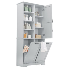 Bathroom Storage Cabinet With Doors And Drawers, Tilt Out Laundry Hamper, Multiple Storage Space, Freestanding Style, Open Shelve, Adjustable Shelf - Gray