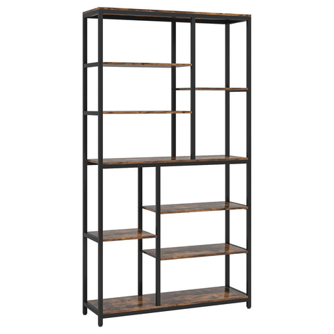 Extra Tall 8 Tier Staggered Etagere Bookcase With 8 Shelves Organizer For Living Room - Rustic Brown