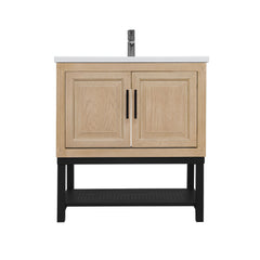 Modern Freestanding Bathroom Vanity With Ceramic Sink, Hot And Cold Faucet, Storage Cabinet & Open Shelf