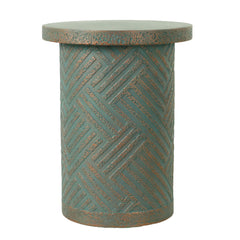 Round Outdoor End Table With Tree Stump Design For Patio - Golden / Green / Peacock