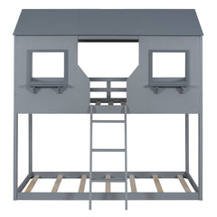 Twin Over Twin Bunk Bed With Roof, Window, Guardrail, Ladder