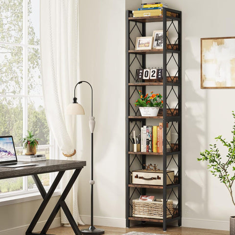 Extra Tall 7 Tier Narrow Corner Bookshelf Storage Display Rack For Living Room - Rustic Brown