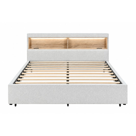 Sacha - Bed With LED And Bookcase Headboard, Built In Siderail Storage