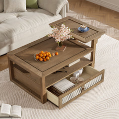 Coffee Table With 1 Storage Shelf, 2 Tabletops And 1 Rattan Drawer