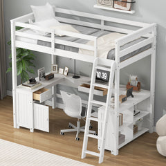 Loft Bed With U Shaped Desk, Drawers, And Storage Shelves