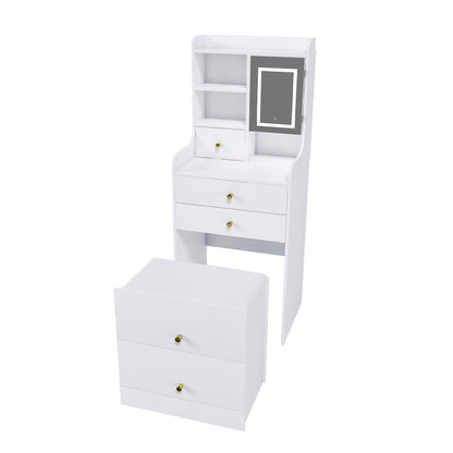 3 In 1 Dressing Table With LED Mirror & Storage Stool, Compact Makeup Vanity - White
