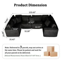 Modular U-Shaped Sectional Sofa, 6 Seater Chaise Lounge With Reversible Design - Black