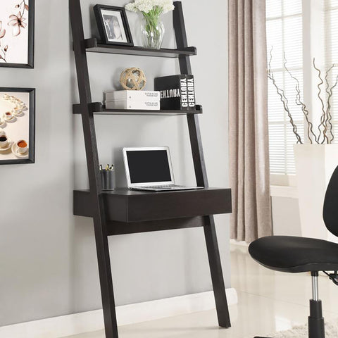 Wall Leaning Ladder Desk With 2 Shelves And 1 Drawer - Cappuccino