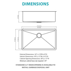 Gold Finish Undermount Stainless Steel Kitchen Sink 32" X 19" 16 Gauge Deep Single Bowl
