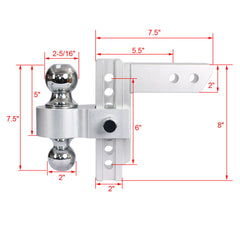 Alu - Adjustable Trailer Drop Hitch With 2" Receiver, 6" Adjustment - Silver