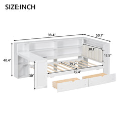 Platform Bed With Upholstered Headboard, Storage Shelves, Drawers, Charging Station, LED Lighting, Built In Desk