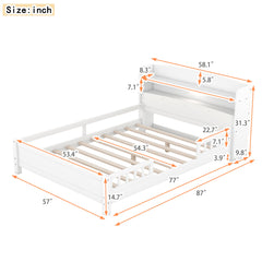 Wood Platform Bed With Built In LED Light, Storage Headboard And Guardrail