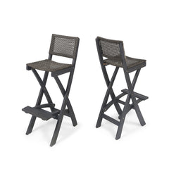 Outdoor Folding Acacia Wood Barstools With Rattan Backrest And Seat