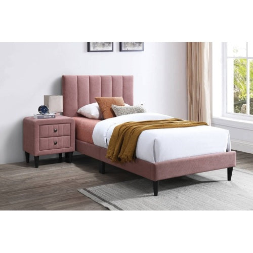 Paquete de Cama 01-2 CAMA + COLCHON + MESITAS - Twin Size Bed Nightstands Channel Tufted Headboard Upholstered Pink