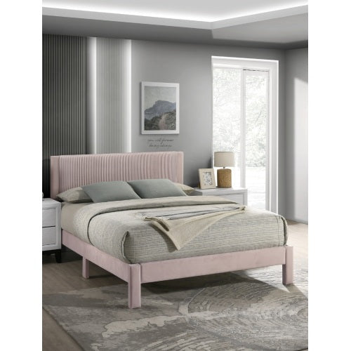 COMBO RECAMARA QUEEN: CAMA+COLCHON+MESITAS 006 - 1pc Contemporary Plush Upholstered Headboard Ribbed Texture Low-profile Frame Unobtrusive Legs Queen Platform Bed Pink Bedroom Furniture
