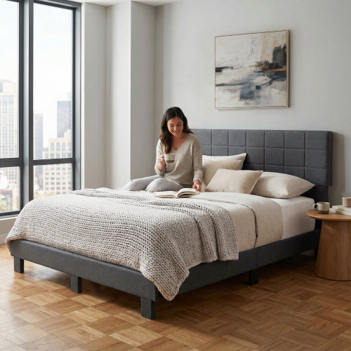 COMBO RECAMARA KING: CAMA + COLCHON + GAVINETE 009 - King Size Platform Bed Frame, Upholstered Tufted Headboard with Solid Wood Slats Support