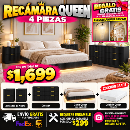 48 - Recamara Queen WIGA-02BK  Fluted Queen Floating LED Bed Frame with 2 Nightstands and Fluted 9 Drawer Dressers