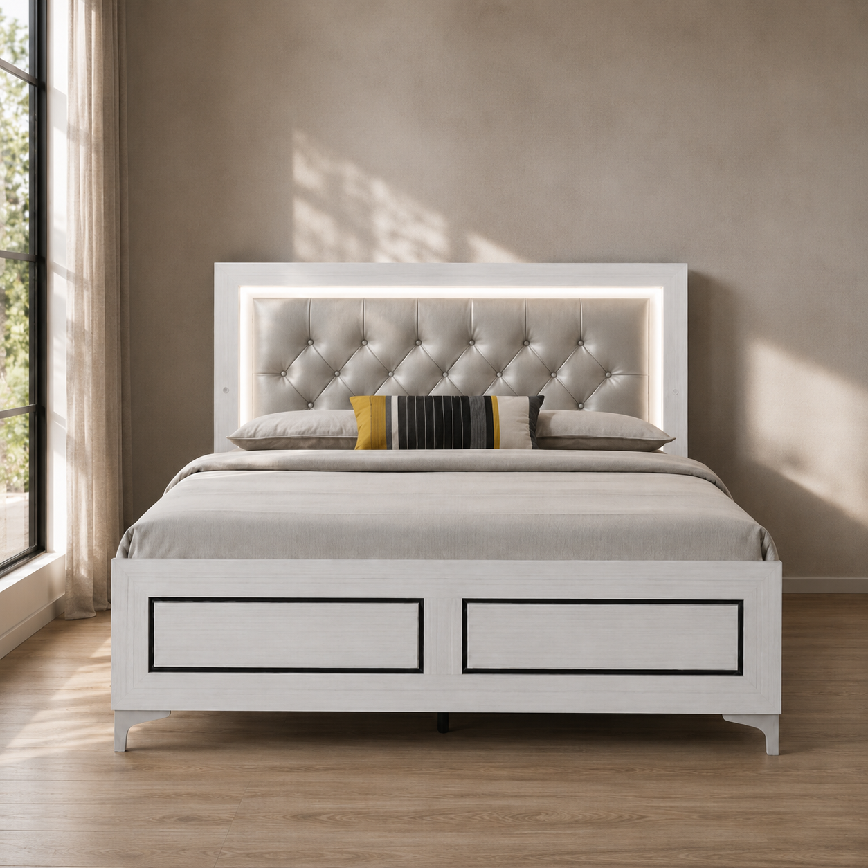 CAMA BLANCA DE LUCES QUEEN-WHITE BED WITH LED LIGHTS-Gray Leatherette & White Queen Bed w/LED