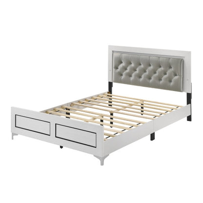 CAMA BLANCA DE LUCES QUEEN-WHITE BED WITH LED LIGHTS-Gray Leatherette & White Queen Bed w/LED