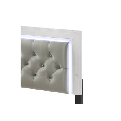 CAMA BLANCA DE LUCES QUEEN-WHITE BED WITH LED LIGHTS-Gray Leatherette & White Queen Bed w/LED