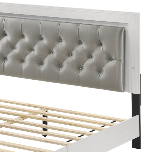CAMA BLANCA DE LUCES QUEEN-WHITE BED WITH LED LIGHTS-Gray Leatherette & White Queen Bed w/LED