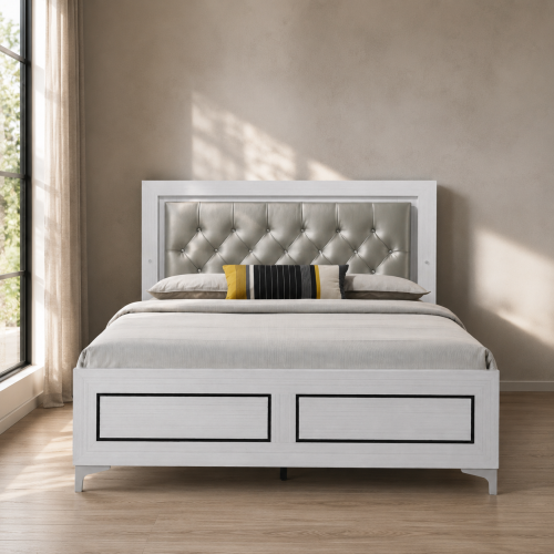 CAMA BLANCA DE LUCES QUEEN-WHITE BED WITH LED LIGHTS-Gray Leatherette & White Queen Bed w/LED