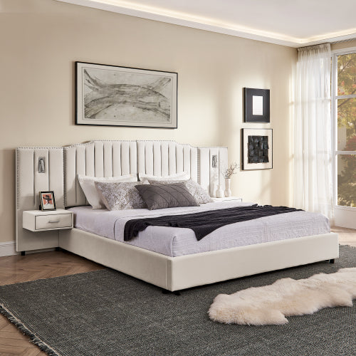 CAMA GRIS #5 CON MESITAS KING, GREY BED WITH NIGHTTABLES ATTACHED King Size Upholstered Bed Frame with Velvet Fabric, Vertical Stripe Design with Buttons Around King Size Platform Bed with Headboard, Solid Frame & Bedside Table - No Box Spring Needed-Gray