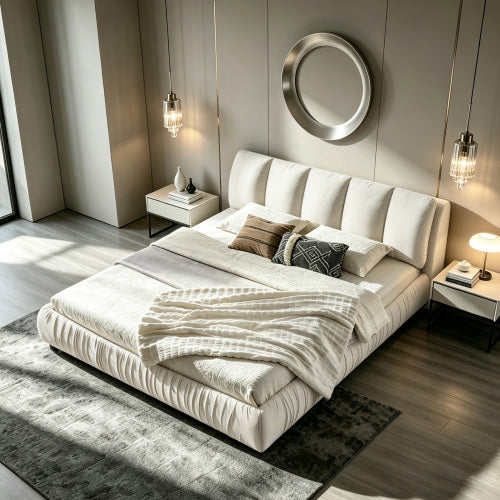 CAMA CREMA BEIGE #17 SOLO EN KING SIZE-King Size Upholstered Bed Frame, Modern Minimalist Style with Segmented Plump Compressed Sponge Headboard, Shiny velvet & Sturdy Leg Support, Mattress Not Included-Beige