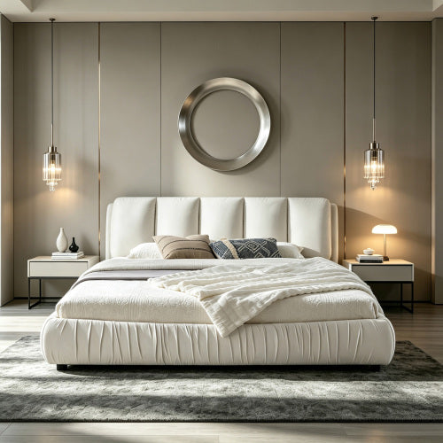 CAMA CREMA BEIGE #17 SOLO EN KING SIZE-King Size Upholstered Bed Frame, Modern Minimalist Style with Segmented Plump Compressed Sponge Headboard, Shiny velvet & Sturdy Leg Support, Mattress Not Included-Beige