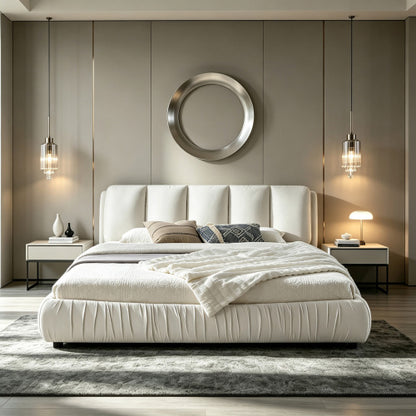 CAMA CREMA BEIGE #17 SOLO EN KING SIZE-King Size Upholstered Bed Frame, Modern Minimalist Style with Segmented Plump Compressed Sponge Headboard, Shiny velvet & Sturdy Leg Support, Mattress Not Included-Beige