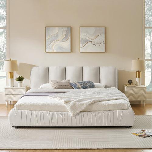 CAMA CREMA BEIGE #17 SOLO EN KING SIZE-King Size Upholstered Bed Frame, Modern Minimalist Style with Segmented Plump Compressed Sponge Headboard, Shiny velvet & Sturdy Leg Support, Mattress Not Included-Beige